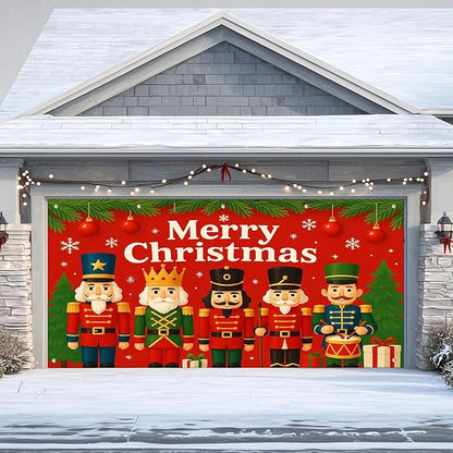 IVN Christmas Garage Door Cover Decoration 13x6ft Nutcracker Lineup Green Accents Red Banner Merry Christmas Garage Door Banner Home Door Front Yard Decor for Xmas Eve Holiday Outdoor