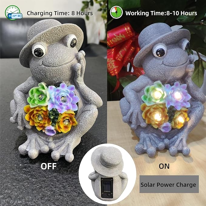 GUCHO Garden Frog Flower Statue with 4 Solar Lights,Outdoor Frog Figurine Lights, Garden Decorations for Outside,Unique Gifts for Women Men Nature Lovers
