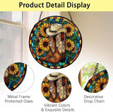 TNUW Western Sunflower Stained Glass Window Hanging, Country Western Cowboy Cowgirl Boots Suncatchers Indoor Window Glass Round Wall Art Decor, Southwestern Wall Hanging Decorations, 7.9＂x7.9＂
