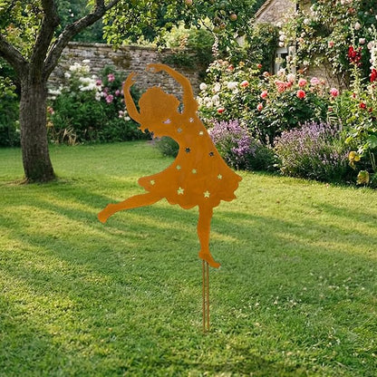 Therwen Rusty Metal Girl Dancer Garden Stake 24'' H Rusty Fairy Sculpture Yard Stake Large Whimsical Dancing Girl Silhouette for Lawn Garden Yard Patio Outdoor Primitive Decor