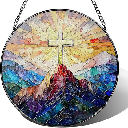Stained Glass Suncatcher, Cross Sun Catcher Ornament, Easter Faith Cross; Stained Glass Window Hanging, Christmas Ornament, Jesus Home Decor, Christian Home Decor; Christian Gifts, Religious Gifts