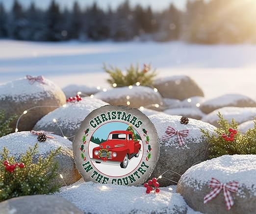 Magnolia Garden 10-Inch Christmas in The Country Decorative Stepping Stone – Vintage Red Truck Resin Garden Walkway Tile – Farmhouse Holiday Outdoor Accent