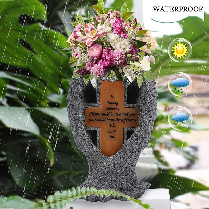 Grave Decorations for Cemetery，Heaven Angel Wing Cross, Graveyard Decoration, Vase with Solar LED Lamp, Resin Decorated Bereavement Statue, Gift in Memory of Relatives (Gray)