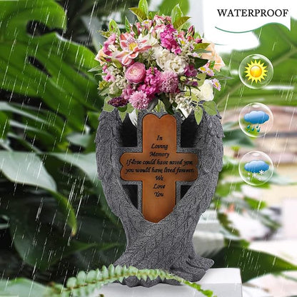 Grave Decorations for Cemetery，Heaven Angel Wing Cross, Graveyard Decoration, Vase with Solar LED Lamp, Resin Decorated Bereavement Statue, Gift in Memory of Relatives (Gray)