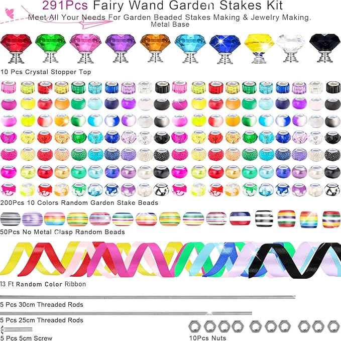 291 Pcs Beaded Garden Stakes Kit, DIY Fairy Wand Garden Stakes Beads Kit Colorful Large Hole Bead Crystal Stopper Top 10 Stainless Steel Threaded Rod Beaded Fairy Wands Supplies For Outdoor Decorative
