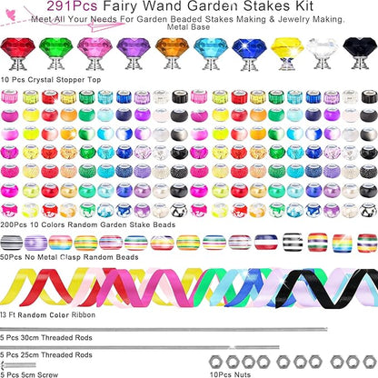 291 Pcs Beaded Garden Stakes Kit, DIY Fairy Wand Garden Stakes Beads Kit Colorful Large Hole Bead Crystal Stopper Top 10 Stainless Steel Threaded Rod Beaded Fairy Wands Supplies For Outdoor Decorative