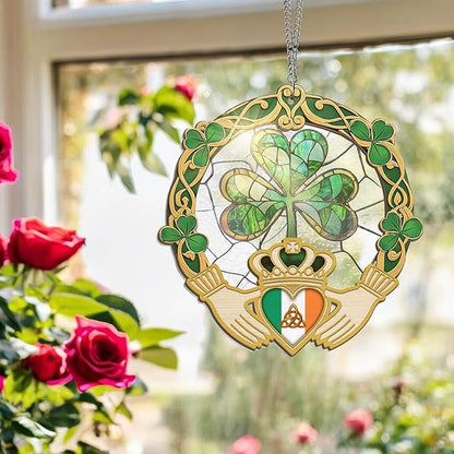 FLAGWIX St Patricks Day Decorations - Saint Patricks Day Decor Double Layered 12 inch Hanging Suncatcher - Irish Shamrock Celtic Cross Home Decoration, Gifts for Women Men, Gifts for Friends