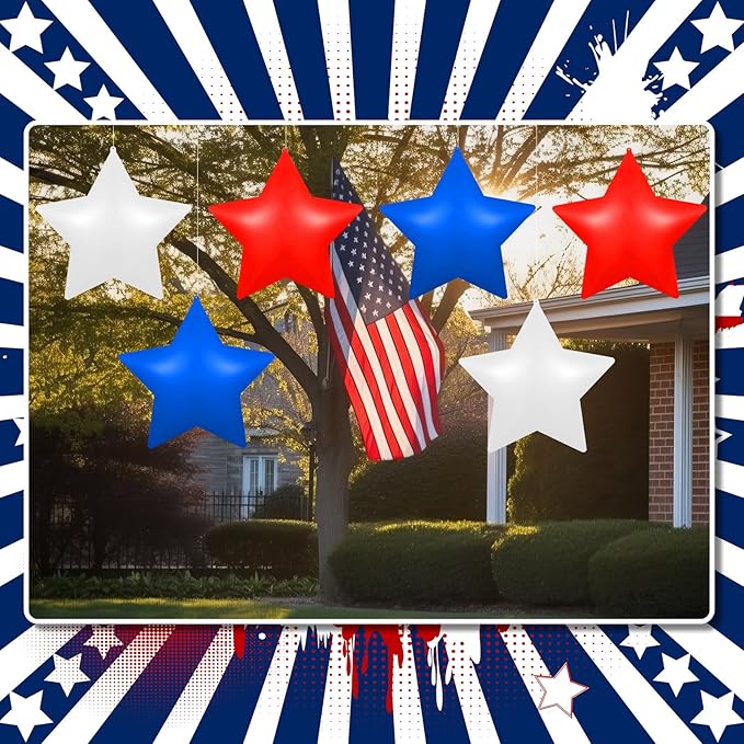 12 Pcs 4th of July Inflatable Balloons Patriotic Outdoor Decorations PVC 12'' American Flag Star Hanging Ornaments Red White and Blue Star for 250th Anniversary Independence Day Decor