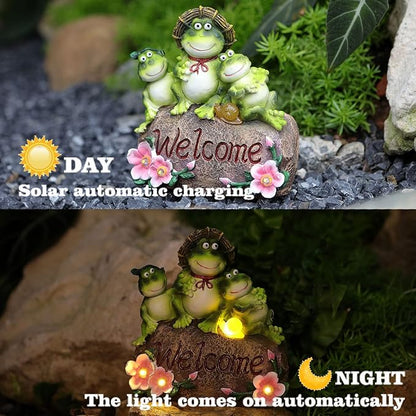FLOWER EYE Solar Garden Statues - 6.8'' Frog Statue Figurine,Waterproof LED Mother&Sons Sculpture for Outside Yard Pathway Patio,Valentine Mother's Day Birthday Frogs Gifts for Women Mom Grandma