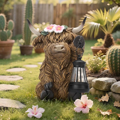 Solar Highland Cow Garden Outdoor Statue,Highland Cow Figurines Sculpture with LED,Farmhouse Decor,Patio Balcony Yard for Pasture & Farm Theme Housewarming Easter Day Gifts for Women Mom
