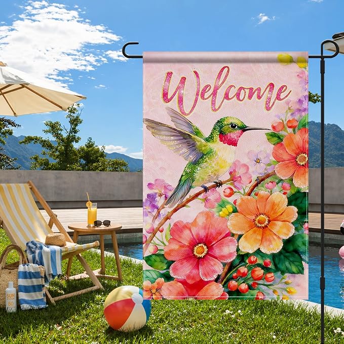 IVN Hummingbird Welcome Garden Flag 12x18 Inch – Spring Summer Floral Outdoor Flag, Double Sided Burlap Yard Flag for Porch Lawn Patio Decor