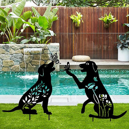 WONDER GARDEN Metal Dog Decor for Outside - 2 Pack Garden Stakes Decorative, Black Dog Silhouette Statues Lawn Ornaments Yard Patio Decor Women Men Mom Gifts