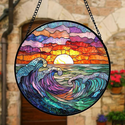 DASTOLL Stained Glass Window Hanging, Clouds and Sea Waves Suncatcher Diamond Glass Panel Hangings Scenery Sun Catchers Decor for Birthday for Women, Men, Wife, Aunt, and Mom 9.8 in