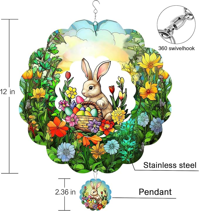 Easter Bunny Wind Spinners Outdoor Hanging Ornament Gifts, 12 inch 3D Eggs Easter Wind Kinetic Sculpture for Outdoor & Indoor, Yard Art, Garden Decoration