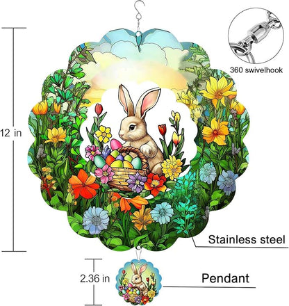 Easter Bunny Wind Spinners Outdoor Hanging Ornament Gifts, 12 inch 3D Eggs Easter Wind Kinetic Sculpture for Outdoor & Indoor, Yard Art, Garden Decoration