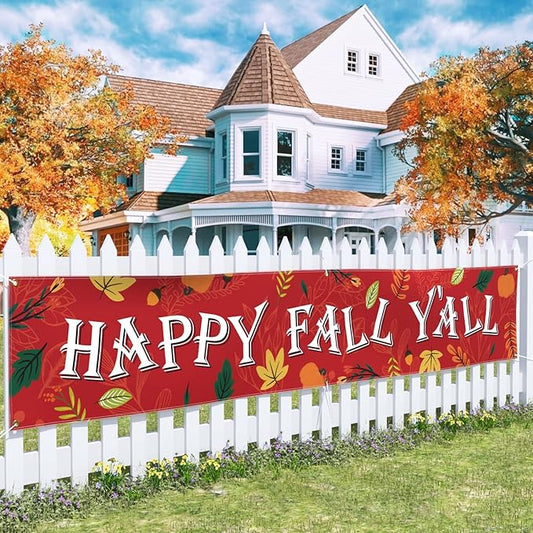 Probsin Happy Fall Banner 120"x 20" Decorations Outdoor Thanksgiving Decor Autumn Party Supplies Maple Leaves Happy Fall Y'all Holiday Harvest Welcome Hanging Backdrop for Garden Fence Yard Lawn Porch