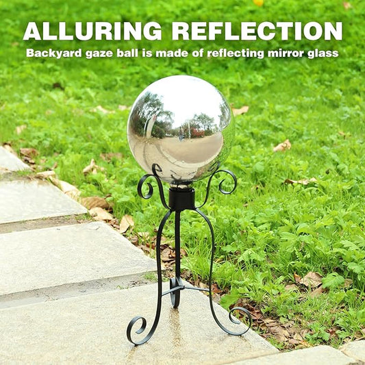 VCUTEKA Gazing Ball, Glass Mirror Polished Hollow Ball Reflective Garden Sphere, Gazing Globe for Home Garden Lawn Outdoor Ornament Yard Decorative, 10-Inch, Silvery