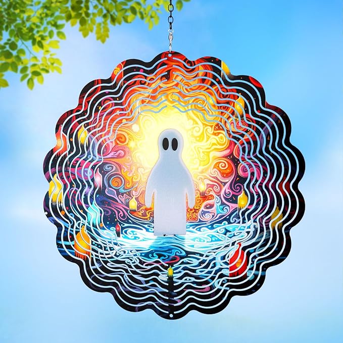 Halloween Decorations Outdoor 3D Wind Spinners Hanging,Metal Ghost Wind Spinner Holloween Gifts for Women Men,12 Inch Kinetic Wind Sculpture Outside Silhouette Balcony,Patio, Lawn,Yard,Garden Decor