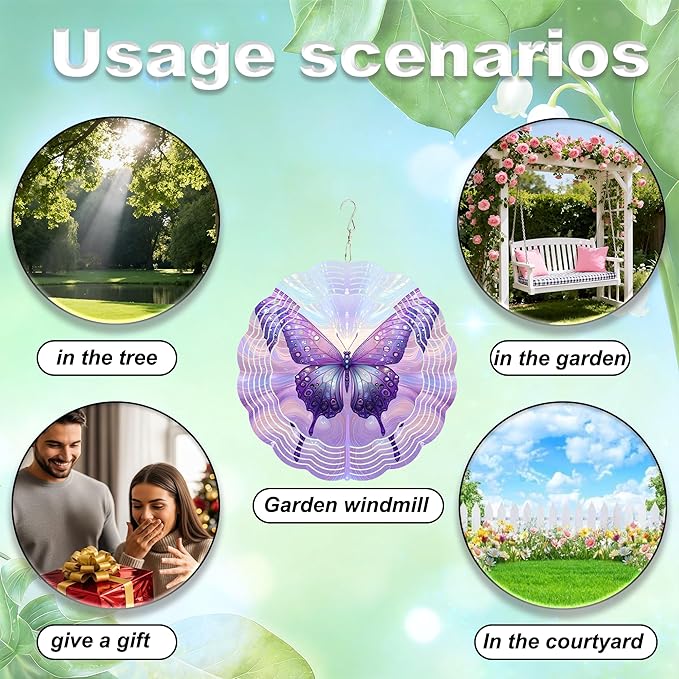 10x10 Inch Wind Spinner Outdoor Hanging Purple Butterfly Metal Kinetic Spiral Ornament for Yard Garden Patio Porch Balcony Tree Window Decor Gift