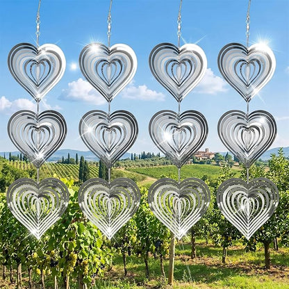 12PCS Stainless Steel Bird Deterrent Wind Spinners for Outside – Reflective Outdoor Bird Repellent Hanging Ornaments, Humane Pigeon Scarer for Yard Garden, Balcony, Patio, Roof & Window (12, Heart)