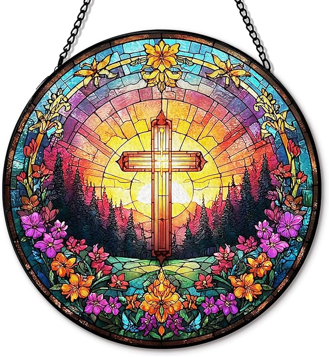 Christian Cross Suncatcher Garden Stained Glass Window Hanging, Christian Flower Sunset Sun Catchers Indoor Window Glass Round Wall Decor, Religious Wall Art Hanging Decorations, ＂7.8x7.8＂