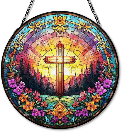 Christian Cross Suncatcher Garden Stained Glass Window Hanging, Christian Flower Sunset Sun Catchers Indoor Window Glass Round Wall Decor, Religious Wall Art Hanging Decorations, ＂7.8x7.8＂