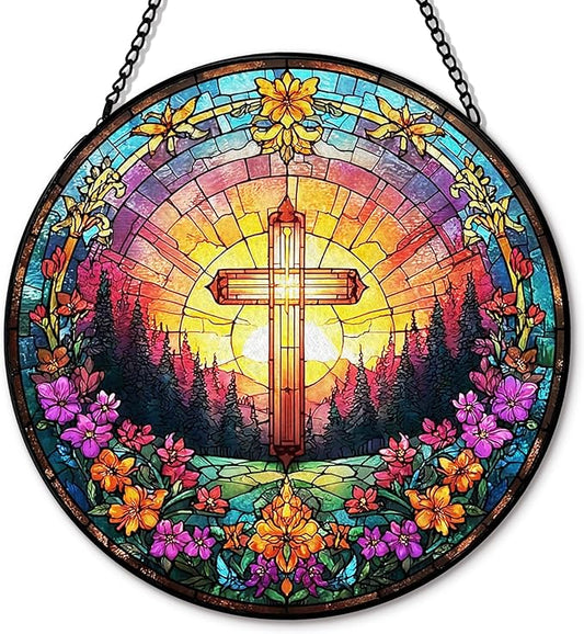 Christian Cross Suncatcher Garden Stained Glass Window Hanging, Christian Flower Sunset Sun Catchers Indoor Window Glass Round Wall Decor, Religious Wall Art Hanging Decorations, ＂7.8x7.8＂