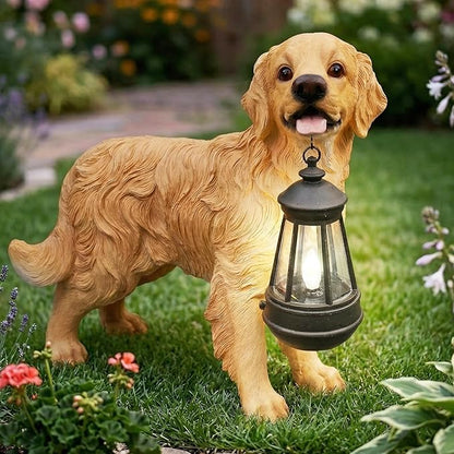 Golden Retriever Garden Statue with Solar Lantern & Double-Sided Welcome Sign, Lifelike Dog Figurine Outdoor Yard Decor, Puppy Sculpture Patio Lawn Ornament Pet Memorial Gift