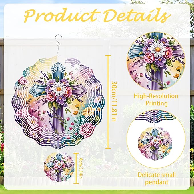 Wind Spinner Hanging Outdoor Decor, 12 Inch 3D Spring Floral Cross Metal Kinetic Wind Spinners for Garden Yard Patio, Stainless Steel Laser Cut Art Christian Gifts for Women Easter Decorations