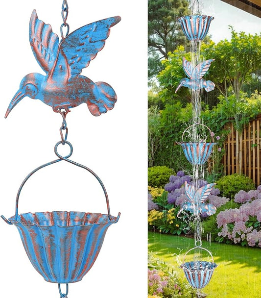 7.9ft Rain Chains for Gutters Outside, Rain Catcher Chain with 7 Metal Cups & Hummingbird Decor, Adjustable Rain Catcher Chain Replacement Downspout for Gutters, Garden Drainage & Eaves