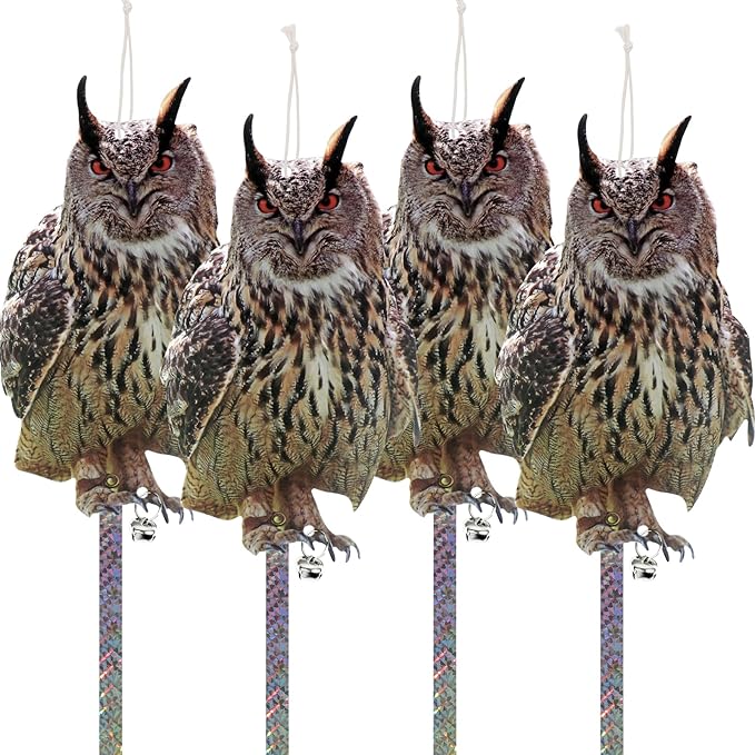 4Pcs Fake Owl Hanging Decoration, Reflective Bird Scare for Garden Patio, Plastic Owl Deterrent with Reflective Tape to Scare Birds Away for Windows Tree