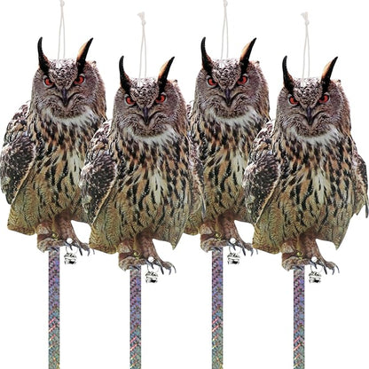 4Pcs Fake Owl Hanging Decoration, Reflective Bird Scare for Garden Patio, Plastic Owl Deterrent with Reflective Tape to Scare Birds Away for Windows Tree