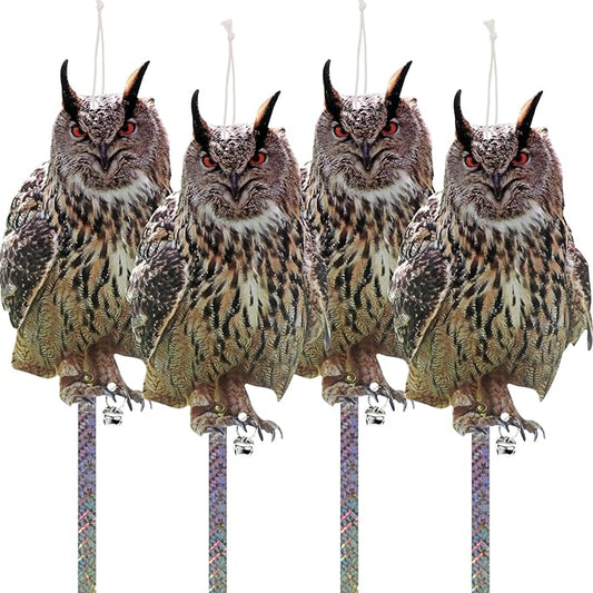 4Pcs Fake Owl Hanging Decoration, Reflective Bird Scare for Garden Patio, Plastic Owl Deterrent with Reflective Tape to Scare Birds Away for Windows Tree