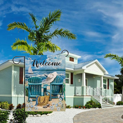 Hzppyz Welcome Summer Blue Sea Ocean Chairs Myosotis Sylvatica Flower Beach Garden Flag, Coastal Nautical Seagull Sailboat Bag Hat Decorative House Yard Outdoor Small Decor, Tropical Home Outside