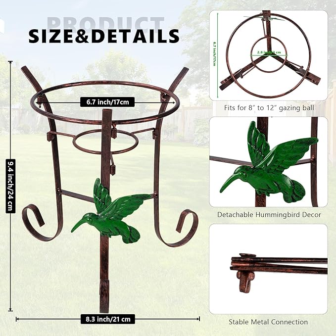9.4" Tall Gazing Ball Stand, Tripod Gazing Globe Stand for 10-12 Inches Gazing Globe, Metal Gazing Ball Display Holder for Outdoor Garden Lawn Yard, Copper