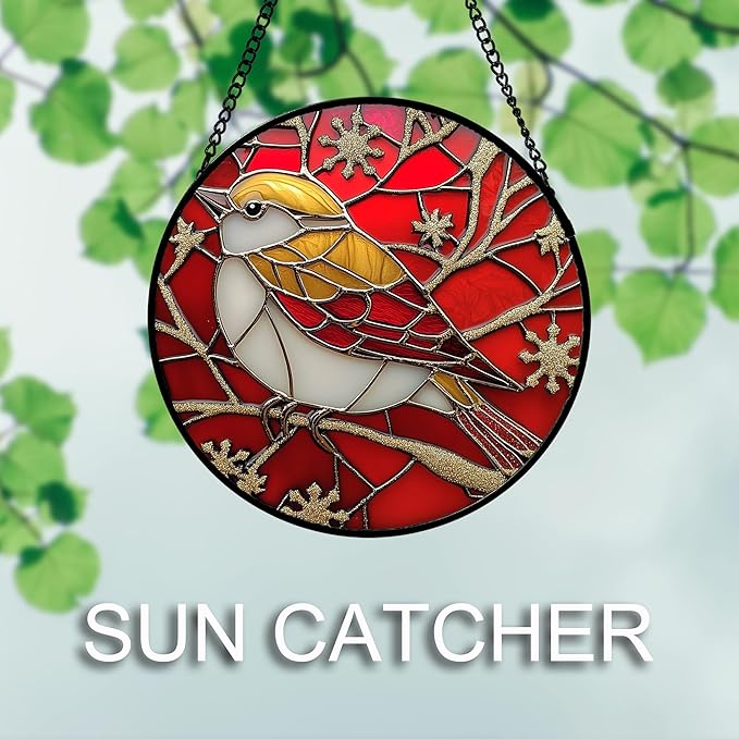 DASTOLL Stained Glass Window Hanging 4 Pcs Set Red Christmas Themed Decorations 6.3" - Suncatcher Door Garden Sun Catcher Decor Birthday New Year for Mom Woman Nana Men