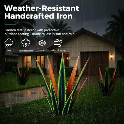 KODIBO 24” Large Metal Agave Plants Outdoor Decor, Vintage Green Tequila Rustic Sculpture Outdoor Statues, Agave Metal Plants for Yard Garden Lawn Ornaments，Artisan Metal Agave Landscape Decor