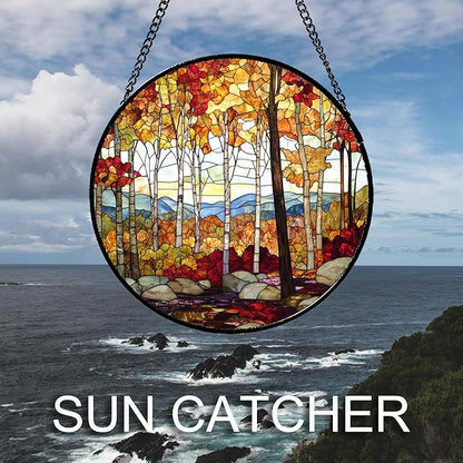 Stained Glass Window Hanging Fall Birch Tree Forest Scenery Large 15" - Suncatcher Door Garden Sun Catcher Home Decor Birthday Christmas for Mom Men Woman Friend Nana