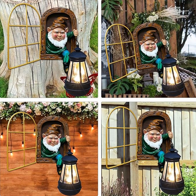 Garden Gnomes Decor Outdoor Statue - Christmas Gnome Decorations with Solar Lights Whimsical Elf Out The Door Tree Hugger Garden Statues Tree Face Gnomes Yard Art for Patio,Fence,Lawn Gnomes Ornament