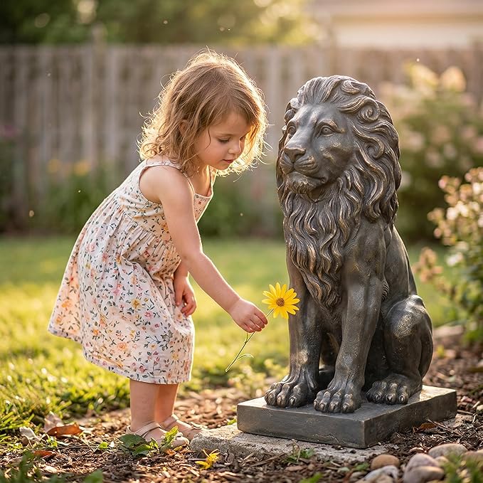 Sculptures Garden Statues, Outdoor Lion Statue 27in Tall, Magnesium Oxide Stone Composite Animal Sculpture Statue Decor for Home Decor Yard Patio Garden, Dark Gray with Gold Accents