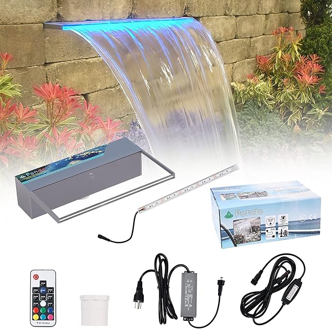 PONDO Lighted Waterfall Pool Fountain 12'' w/LED 7 Color Changing and Remote, Acrylic Waterfall Spillway for Sheer Descent Garden Outdoor