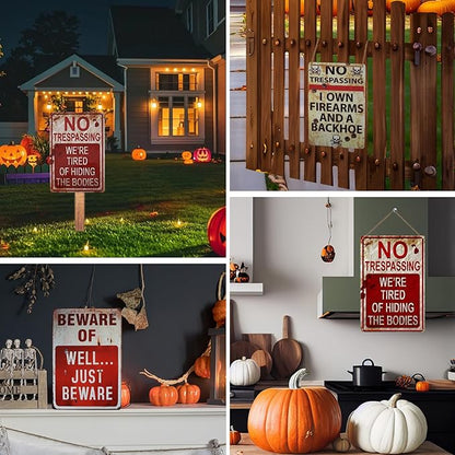 3 PCS Retro Halloween Decor Indoor&Outdoor Warning Signs No Trespassing We're Tired of Hiding The Bodies 7.9x11.8 inch Funny Metal Signs for Yard Gothic Room Wall Decorations