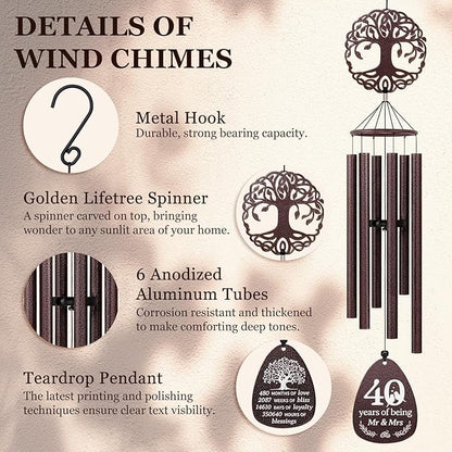 SteadStyle 40th Anniversary Wind Chime, Happy 40th Jubilee Gifts for Parents, Husband, Wife, Couples, Friends - Ruby Anniversary Keepsake Tree of Life Wind Chime Large Size 37 in Garden Patios Decor