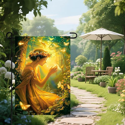 IVN Enchanted Fairy Garden Flag 12x18 Spring Outdoor Yard Flag with Flower Crown Fairy & Glowing Butterflies Double Sided Seasonal Lawn Decor for Garden Porch or Patio