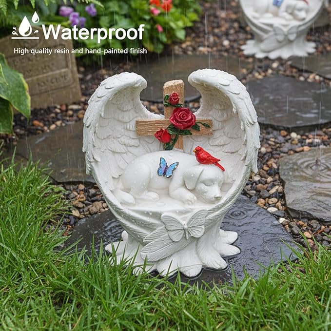 Dog Memorial Stone with Angel Wings Cross Roses Cardinal Butterfly, Pet Grave Markers Sleeping Waterproof Loss of Dog Sympathy Gift for Outdoor Cemetery 6 Inch