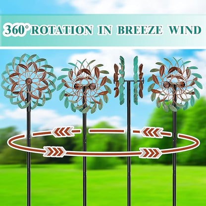 360° Wind Spinners Outdoor, Wind Sculptures Windmill with Metal Stake, Kinetic Large Metal Yard Art Decor Spinners Pinwheels for Garden Outside Patio Lawn