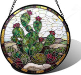 DASTOLL Stained Glass Window Hanging,Green Cactus Purple Flowers Suncatcher Diamond Glass Panel Sun Catchers Decor for Birthday for Women, Men, Wife, Aunt, and Mom 7.8 in