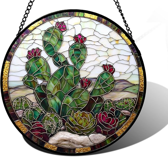 DASTOLL Stained Glass Window Hanging,Green Cactus Purple Flowers Suncatcher Diamond Glass Panel Sun Catchers Decor for Birthday for Women, Men, Wife, Aunt, and Mom 11.8x11.8 in