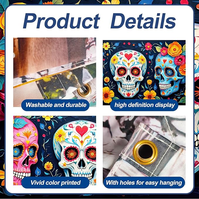 13x6 ft Sugar Skull and Marigolds Garage Door Banner - Mexican Day of the Dead Floral Skull Backdrop, Hanging Garage Decor - for Halloween Dia de los Muertos Party, Cultural Wall Art