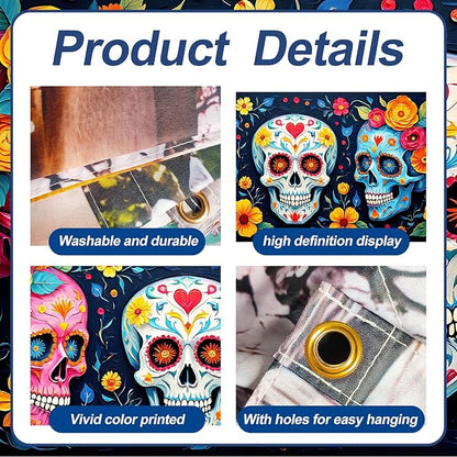 13x6 ft Sugar Skull and Marigolds Garage Door Banner - Mexican Day of the Dead Floral Skull Backdrop, Hanging Garage Decor - for Halloween Dia de los Muertos Party, Cultural Wall Art